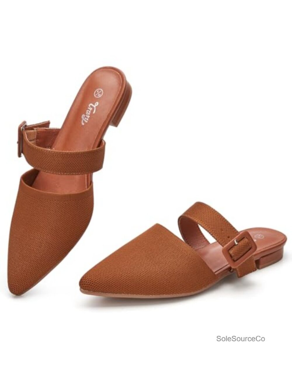 Women's Pointed Toe Knit Mules Comfortable Flat Slides Adjustable Strap